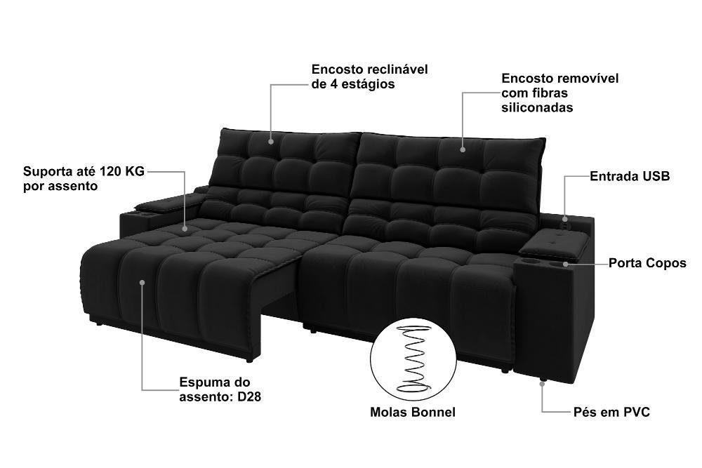 Sofá Connect Premium 2,30m Assento Retrátil/reclinável com Porta Copos e Entrada Usb Suede Preto - 4