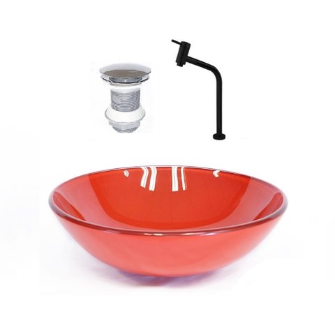 CUBA DE VIDRO REDONDA 42CM VERMELHO FERRARI + VALVULA + TORNEIRA PRETA