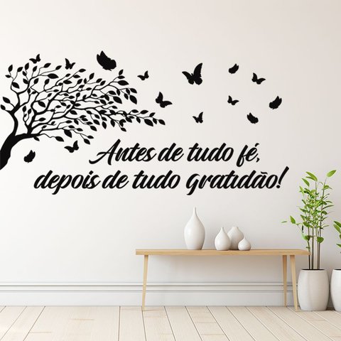 Adesivo Decorativo Parede Frase Fé Gratidão Árvore 50x100cm