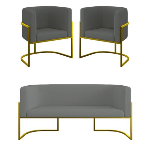 Kit 2 Poltronas + Sofá 2 Lugares Base de Metal Gold Veludo Cor:cinza