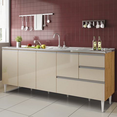 Balcão para pia de 1,80 mt Aracaju com gavetão Carvalho Off White