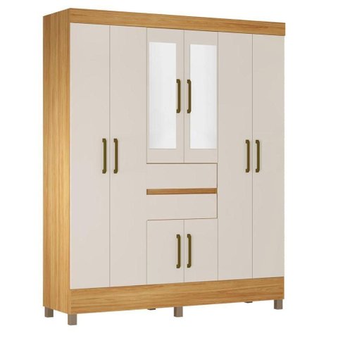 Guarda Roupa Casal Munique 8 Portas de Bater com Espelho MDP Cinamon Off White Demóbile 162cm