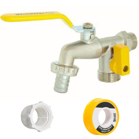 Torneira com Duas Saídas Metal com Bico 1/2" e 3/4" + Bucha de Redução 3/4" para 1/2" + Fita Veda Ro