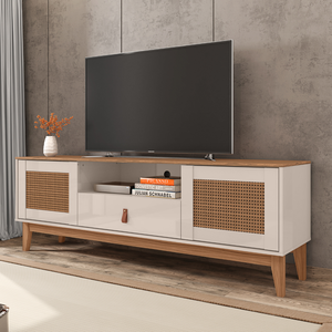Rack Sala de Estar 160cm com 2 Portas e 1 Gaveta Puxador de Couro e Pés em Madeira Off White / Cedro