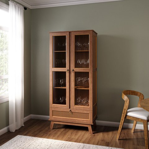 Cristaleira Madeira Maciça Pinus com Hdf Porta de Vidro Retrô Rattan Lisboa