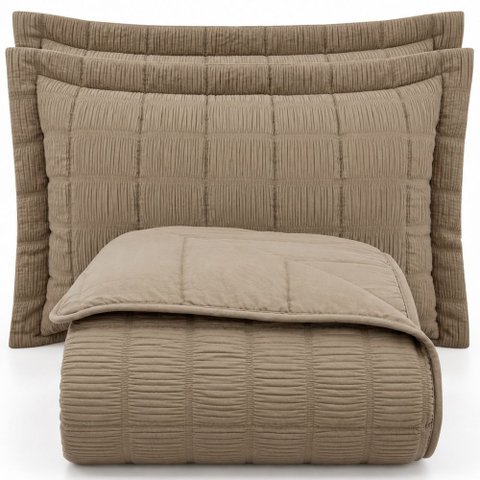 Kit Cobre Leito Linen Casal Micropercal 300 Fios Matelassê Colcha 3 Peças Efeito Creponado Castanho