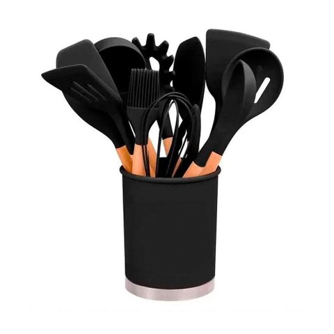 Jogo 12 Utensílios Talheres Silicone Cozinha Cabo de Madeira