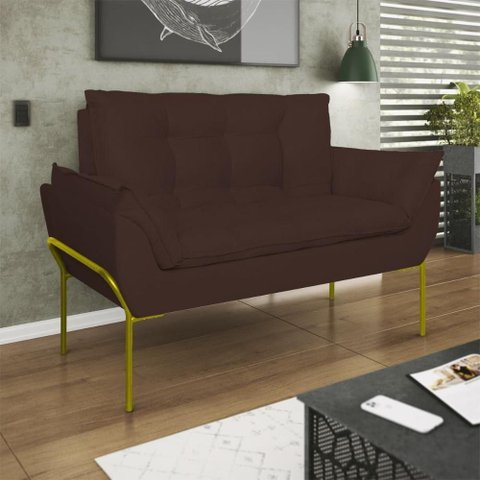 Poltrona Sofá Luxo Base Metal Dourado Recepção Escritório Marrom