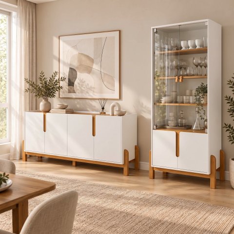 Conjunto Buffet + Cristaleira Lizz Off White Buffet 170 cm Casa D