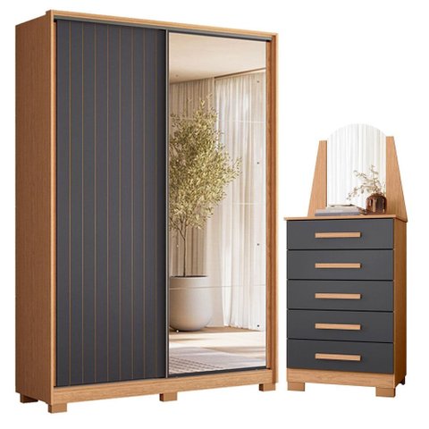 Guarda Roupa Solteiro Frizatto com Espelho e Cômoda New Veneza Freijo Titanium - Móveis Albatroz