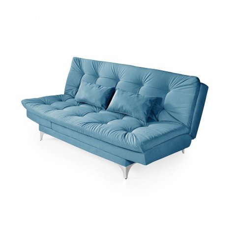 Sofá Cama Versátil 3 Lugares Império Reclinável Pés de Alumínio Espuma D33 Suede Azul Turquesa