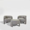 Ver imagem 2 de Conjunto de Poltronas Mais Puff Três Peças Orgânica Curva no Linho Bege Aveludado Linha Premium Sala