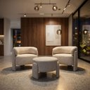 Ver imagem 1 de Conjunto de Poltronas Mais Puff Três Peças Orgânica Curva no Linho Bege Aveludado Linha Premium Sala