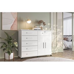 Cômoda Platina Lukaliam 5 Gavetas Sapateira Rodízios Gaveta com Chave 1,26m:branco - 1