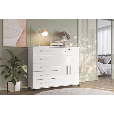 Cômoda Platina Lukaliam 5 Gavetas Sapateira Rodízios Gaveta com Chave 1,26m:branco