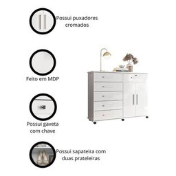 Cômoda Platina Lukaliam 5 Gavetas Sapateira Rodízios Gaveta com Chave 1,26m:branco - 7