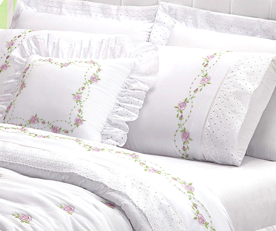 cobreleito cama queen 6 peças todo bordado colcha queem bouquet buque branco - 4