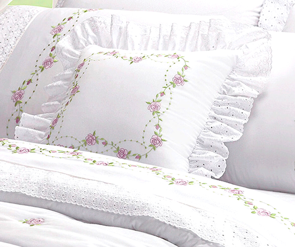 cobreleito cama queen 6 peças todo bordado colcha queem bouquet buque branco - 3