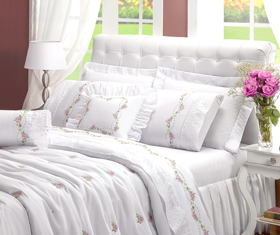 cobreleito cama queen 6 peças todo bordado colcha queem bouquet buque branco