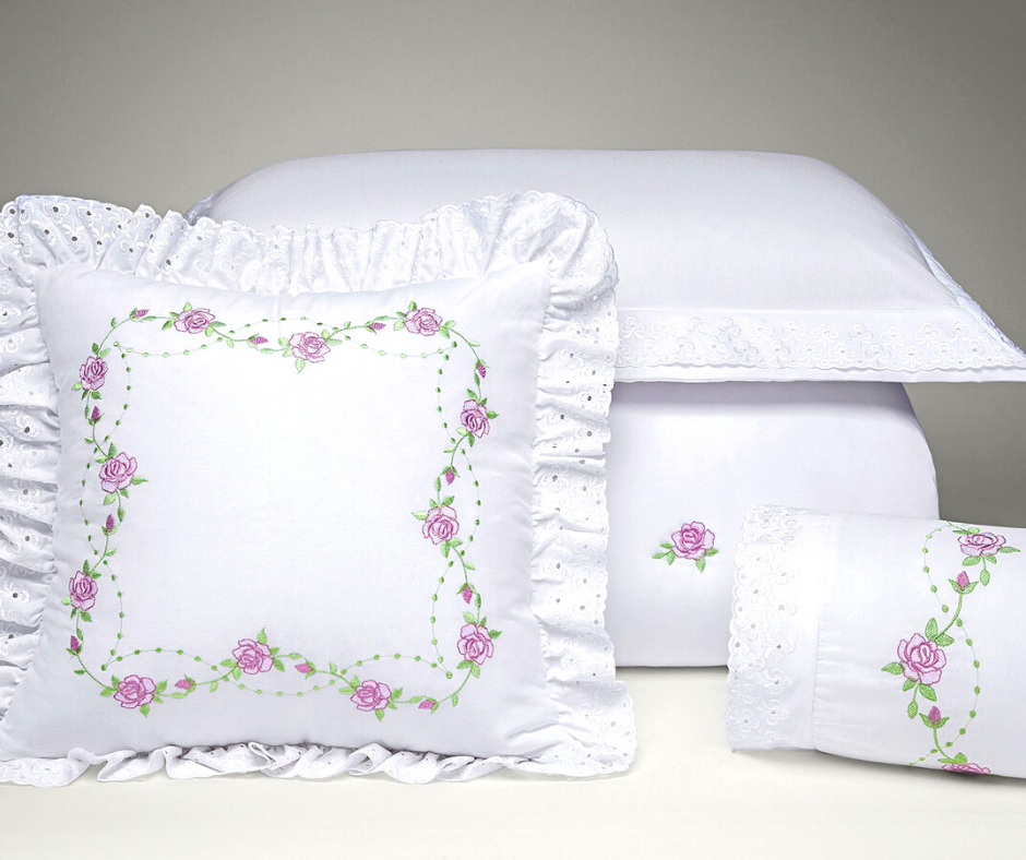 cobreleito cama queen 6 peças todo bordado colcha queem bouquet buque branco - 5