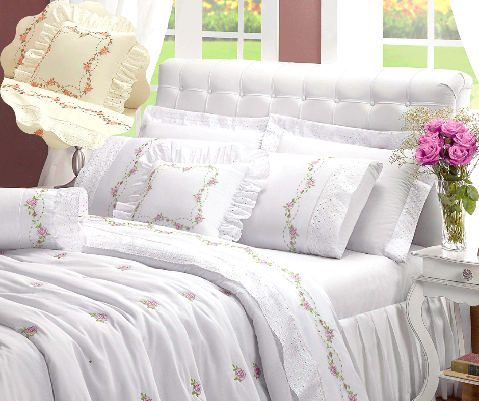 cobreleito cama queen 6 peças todo bordado colcha queem bouquet buque branco - 6