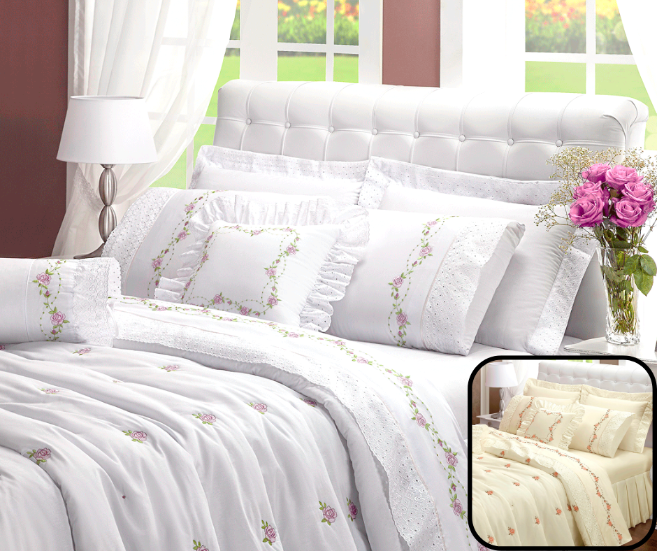 cobreleito cama queen 6 peças todo bordado colcha queem bouquet buque branco - 2