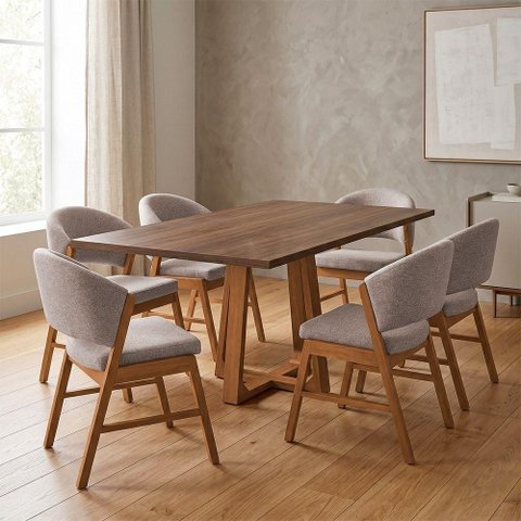 Conjunto Mesa Julia com Debora 6 Lugares Tampo MDF Freijo Pes Cerejeira Bege Veludo 160cm Ideal