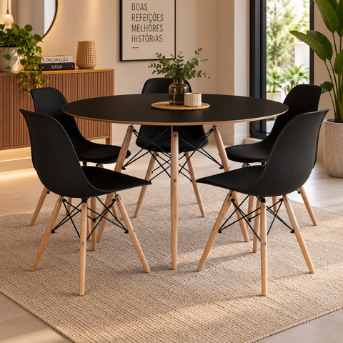Conjunto de Mesa de Jantar Eames Eiffel Redonda 110cm Tampo de Madeira Preto com 5 Cadeiras Pretas