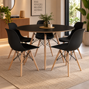 Ver imagem 1 de Conjunto de Mesa de Jantar Eames Eiffel Redonda 110cm Tampo de Madeira Preto com 5 Cadeiras Pretas