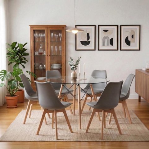 Mesa Eames Vidro 110cm + 6 Cadeiras Saarinen Wood - Seat&Co