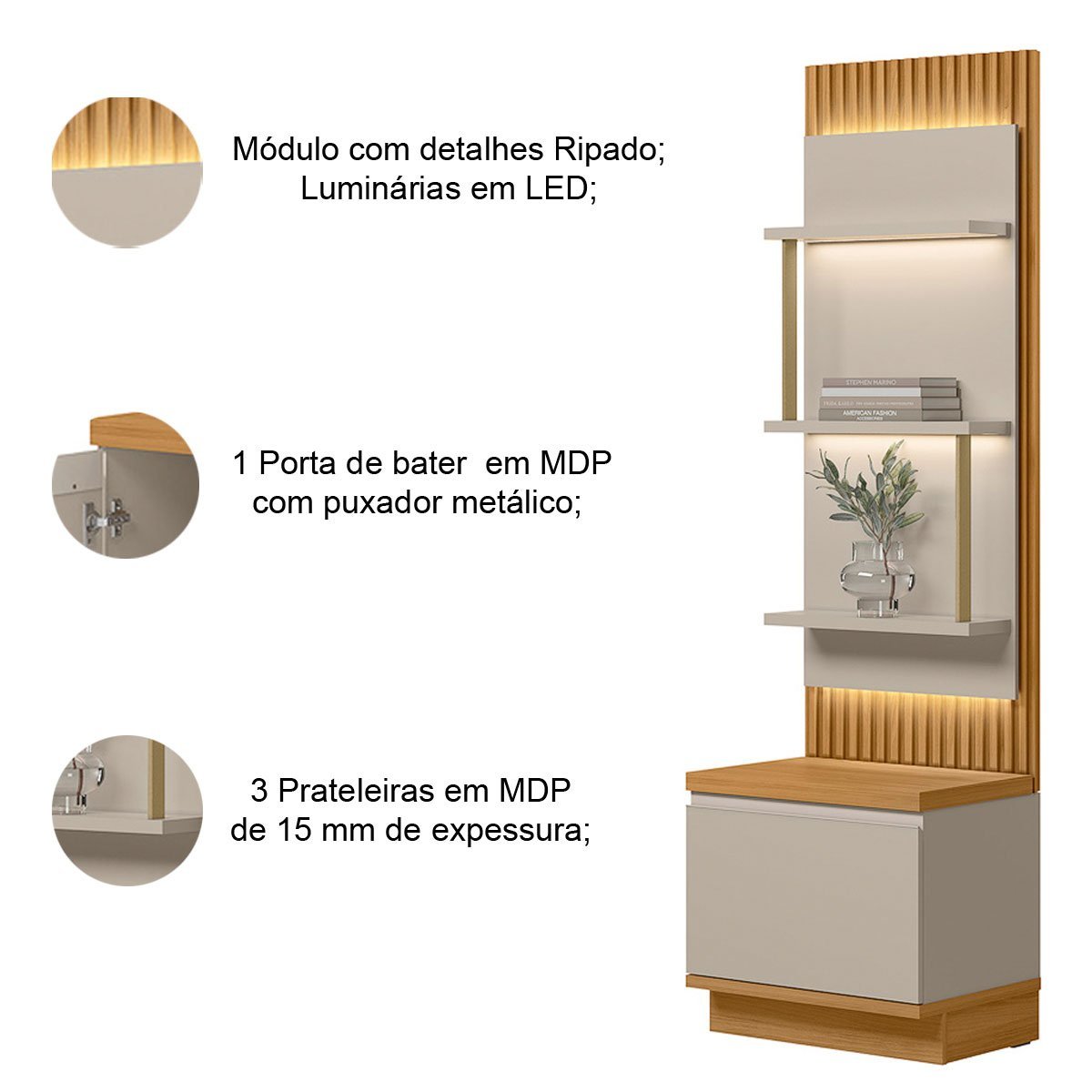 Kit 2 Módulos Laterais Complementares Painel Ripado com Led 2 Portas 6 Prateleiras Paulina Tauari/of - 5