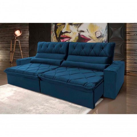 Sofá Retrátil Reclinável França 2,70m Suede Velut Azul Marinho Molas no Assento - King House