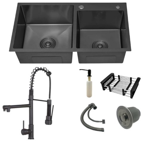 Cuba Cozinha Dupla Aço Inox Preta 78x43 Quadrada C/torneira