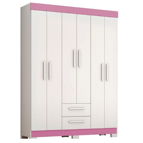 Guarda Roupas Casal Juvenil 6 Portas 2 Gavetas Líbano Branco / Rosa Notável