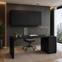 Ver imagem 1 de Mesa Escrivaninha com Balcão Lateral e Armários Aéreos 170cm Preto F5 Office