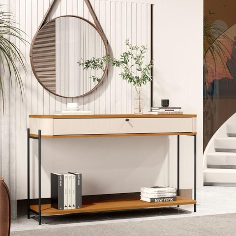 Aparador Vale Verona MDF 123cm Off White Nature Preto Bechara Móveis
