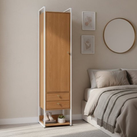 Armário Roupeiro Slim 48cm Cabideiro 2 Gavetas 1 Porta Canela/branco Brilho