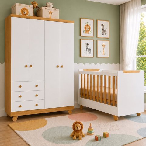 Quarto de Bebê Guarda-Roupa 4 Portas e Berço Minicama 4 em 1 Levy 100% MDF Yescasa