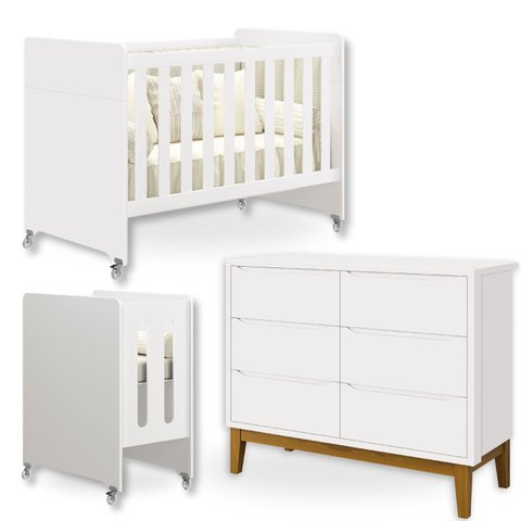 Quarto Bebê Berço Evolution 4 em 1 + Cômoda 6 Gavetas:branco