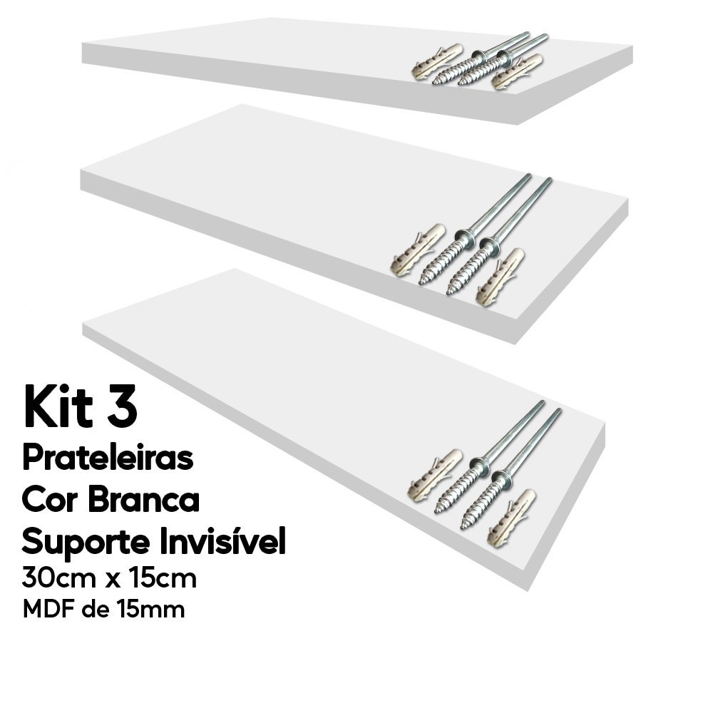 Kit 3 Prateleiras Brancas Mdf 30x15 Suporte Invisível Decora Arte na Arte Prateleira Suporte invisív - 3