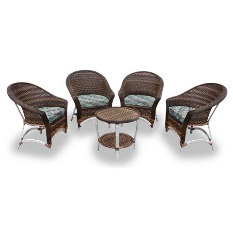 Conjunto de Poltronas Fibra Sintética Bali Alumínio - 4 Poltronas + 1 Mesa Centro - Tecido Costela d