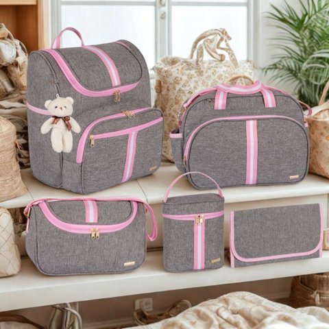 Kit Bolsa Maternidade 5 Peças com Mochila 2 em 1 e Porta Mamadeira Térmico Amor:rosa