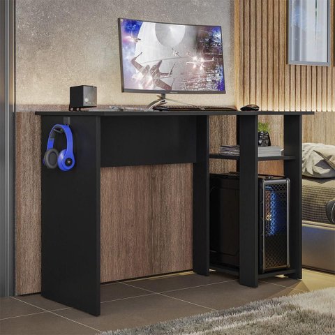 Mesa Gamer Retangular Slim Moderno sem Gavetas 108cm Preto Fosco Peternella Móveis
