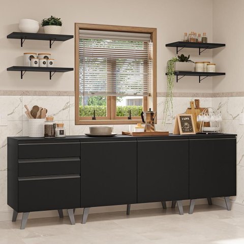 Armário de Cozinha Completa 240 Cm Preto Nice Madesa 01 Preto