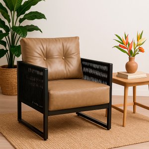 Poltrona Corda Náutica - Living, Varanda, Estar - Poltrona Araxá – Preto Corino Caramelo