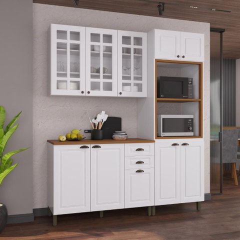 Armário de Cozinha Modulada Compacta Fidelitá Nara 100% MDF 3 Peças 190cm 10 Portas 2 Gavetas com