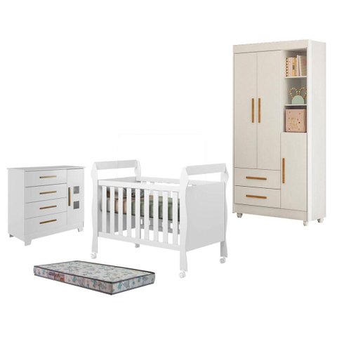 Guarda Roupa Flocos com Cômoda Fly e Berço Americano Soninho Branco Acetinado Colchão Americano Slee