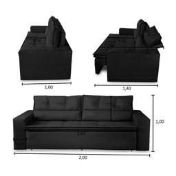 Sofá Retrátil e Reclinável 3 Lugares com Molas 2,00m Vanessa Suede Preto Rover & Beato - 3