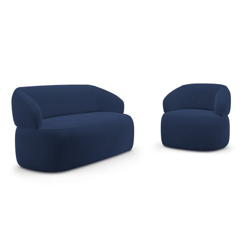 Kit Poltrona Giratória e Sofá Orgânico Living Glee 02 Lugares 140cm Veludo Azul Marinho - Desk Desig