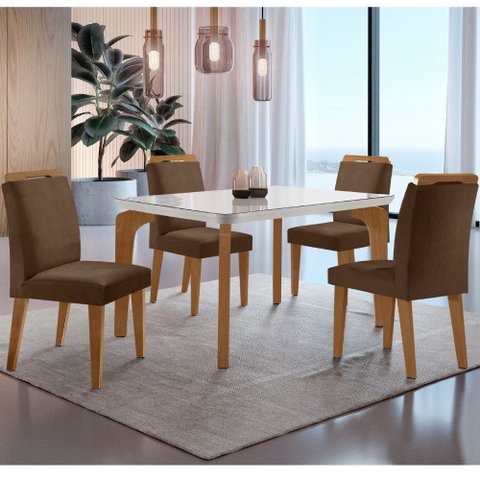Conjunto Sala de Jantar Mesa Liz 120cm com Vidro Canto Copo e 4 Cadeiras Athenas Moderna